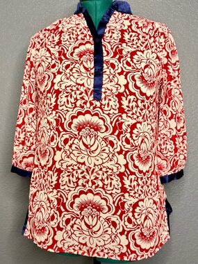 Susan Graver Red Cream Floral Tunic Top Navy Trim 3/4 Sleeve Small